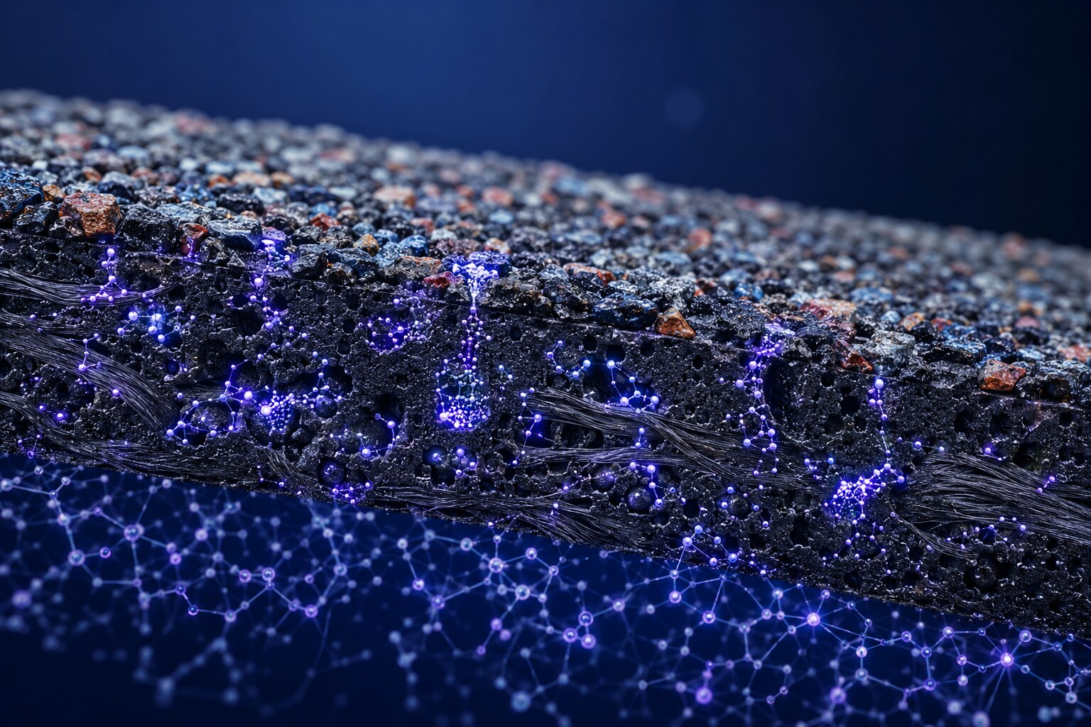 Scientific visualization of nanoscale particles penetrating and forming links within an asphalt shingle