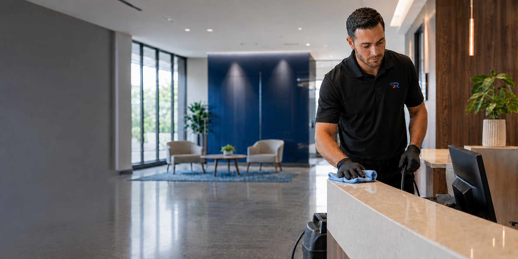 Refined Surfaces technician applying antimicrobial protection to a high-touch commercial surface