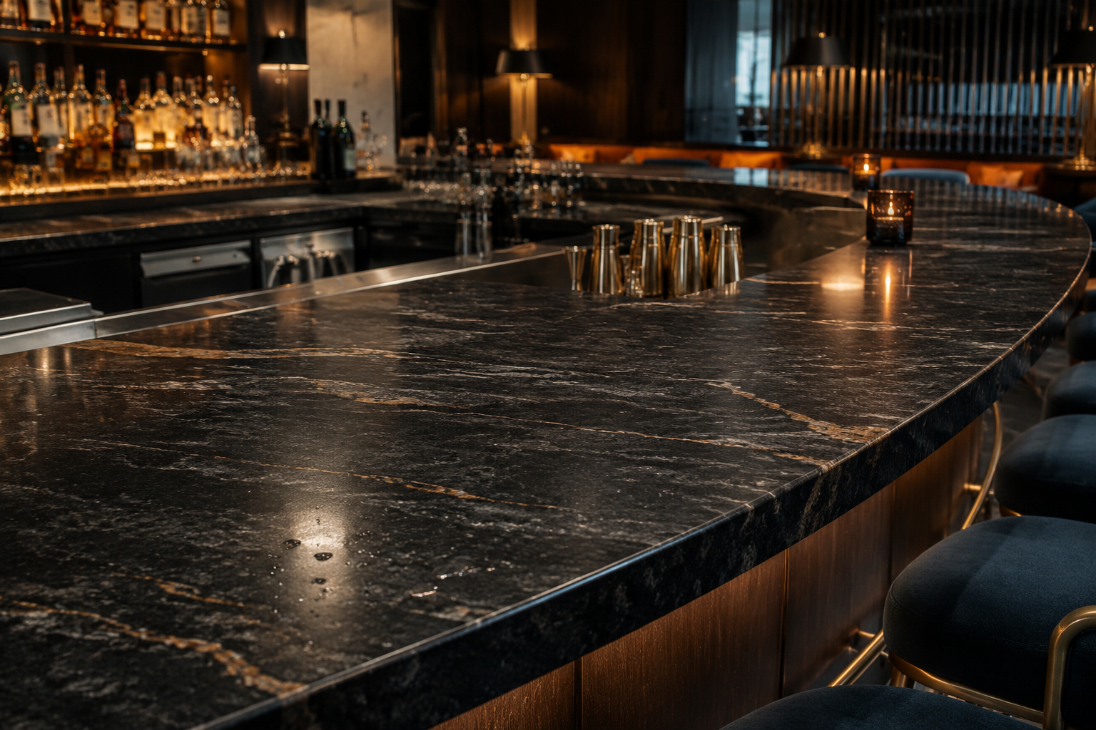 Protected dark granite counter in a high-traffic commercial setting