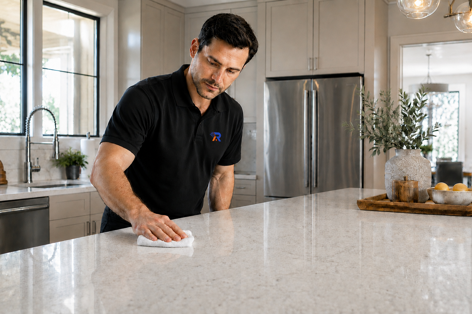 A Refined Surfaces technician professionally protecting a residential quartz countertop