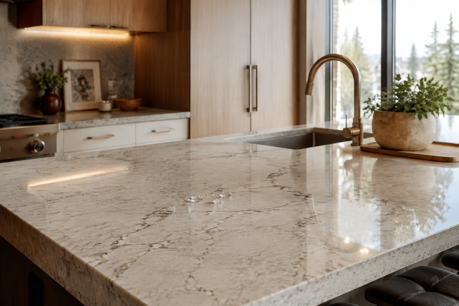 Protected residential quartz kitchen island with water beading on the surface